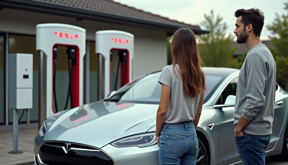 A young couple admires a Tesla Model S at a modern charging station.