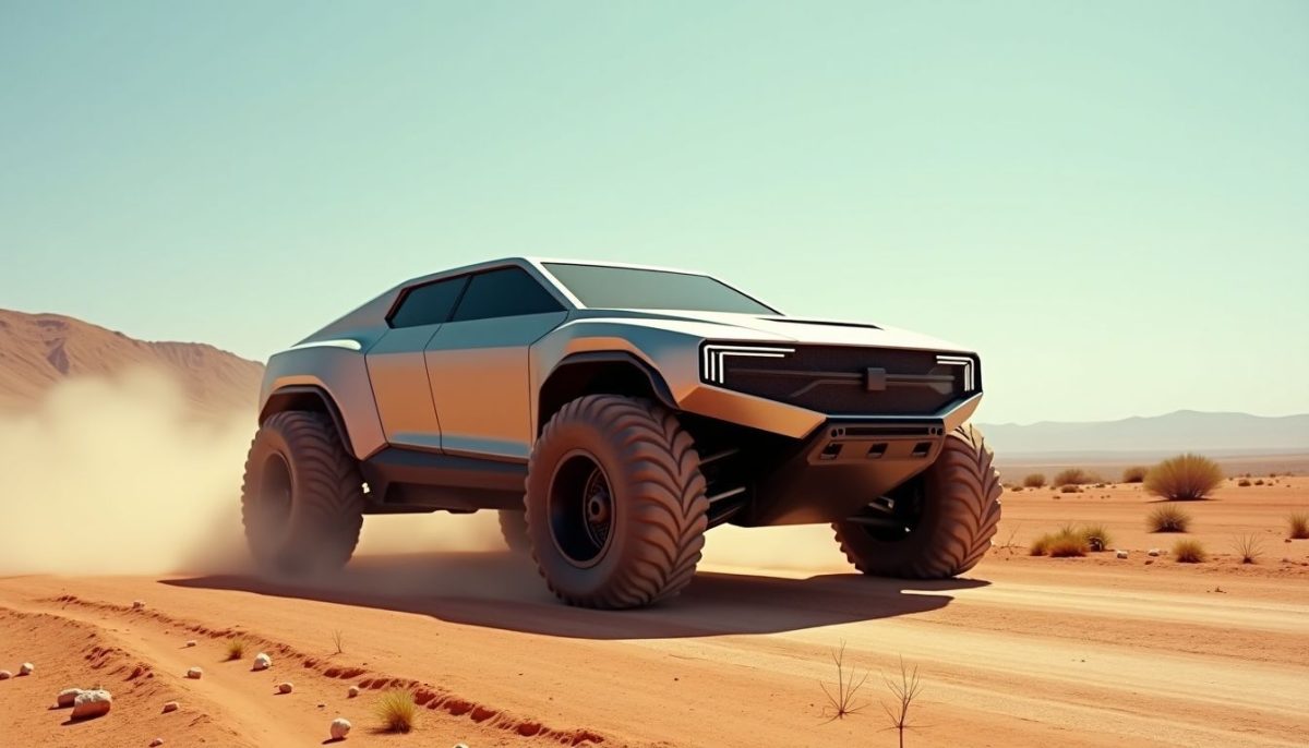 A Cybertruck parked on a dusty desert road under bright sunlight.