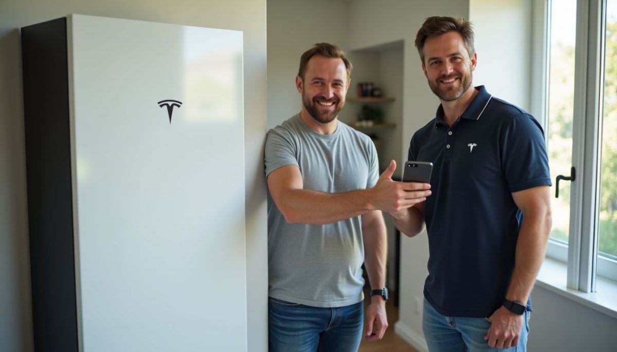 A man installs Tesla Powerwall at home with help from a Tesla Advisor.