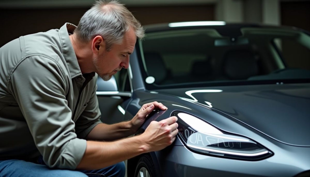 A middle-aged person examining a scratch on a Tesla car.