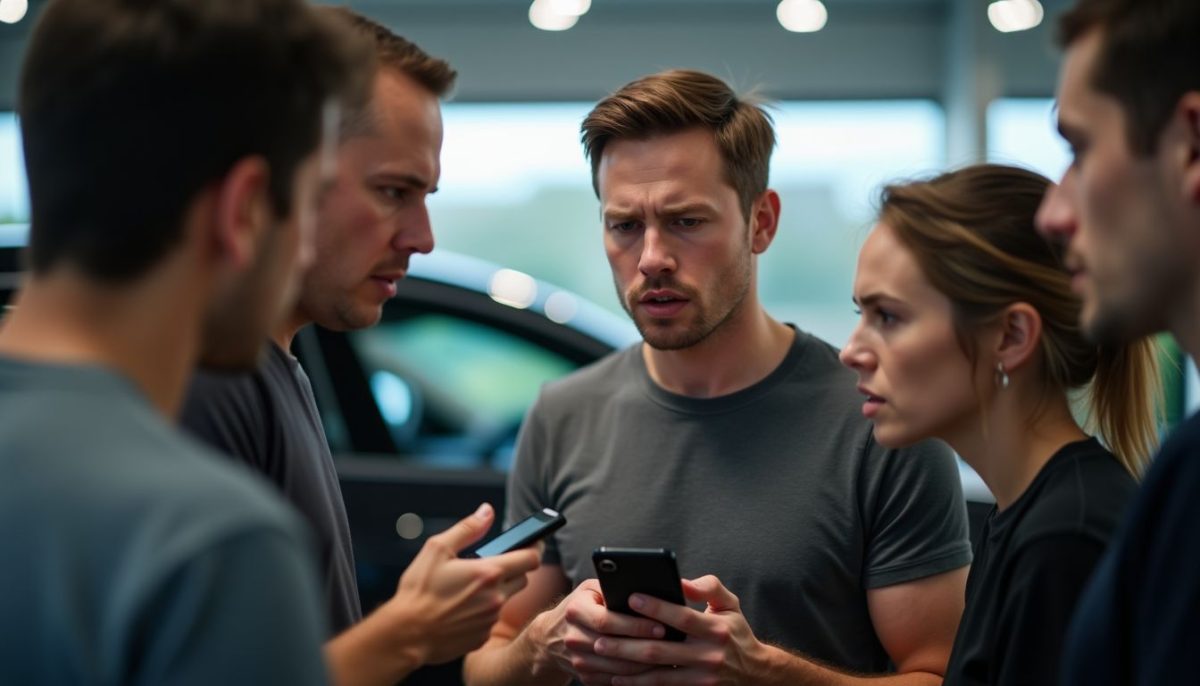 Upset customer and others discussing controversy in Tesla showroom.