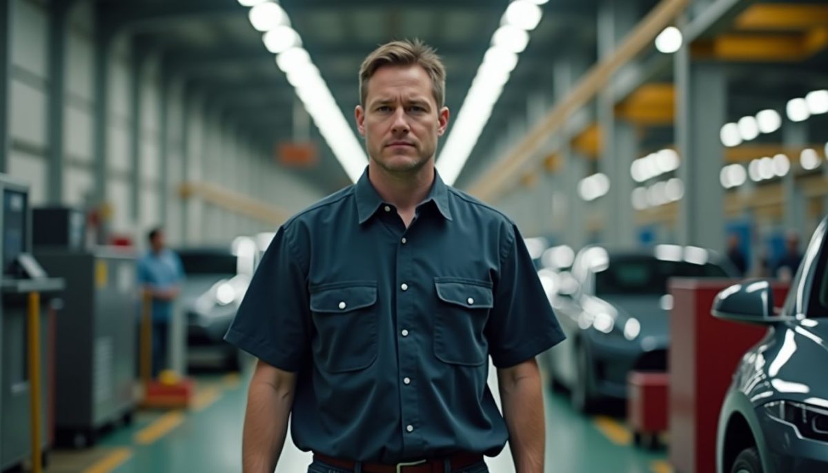 A male Tesla production worker navigates the busy factory floor.