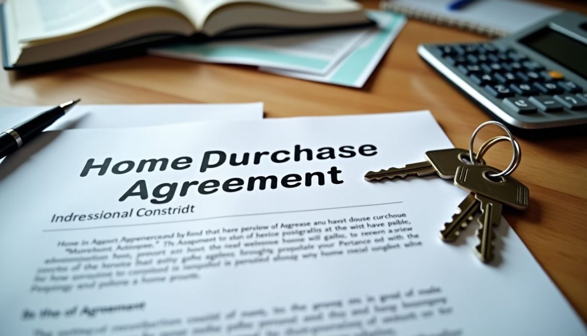 Cluttered desk with signed home purchase agreement and house keys.