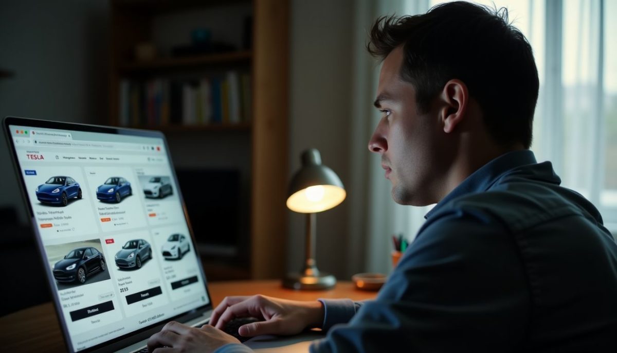 A man in his 30s browsing used Tesla models for sale.