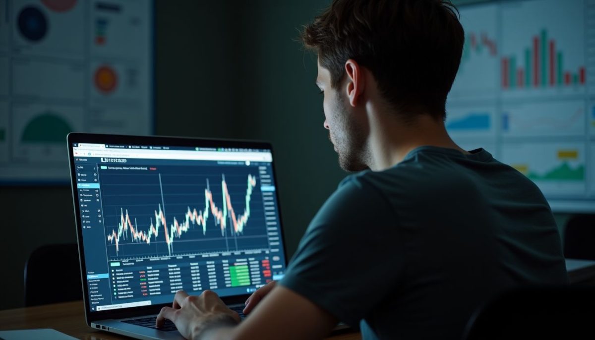 A person at a desk analyzing Tesla stock performance on laptop.