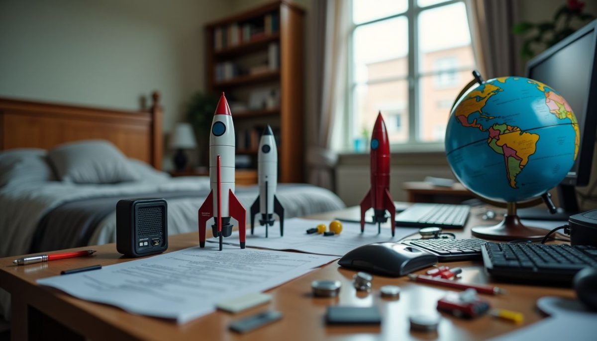 A cluttered desk with scattered computer parts, rocket models, and a globe.