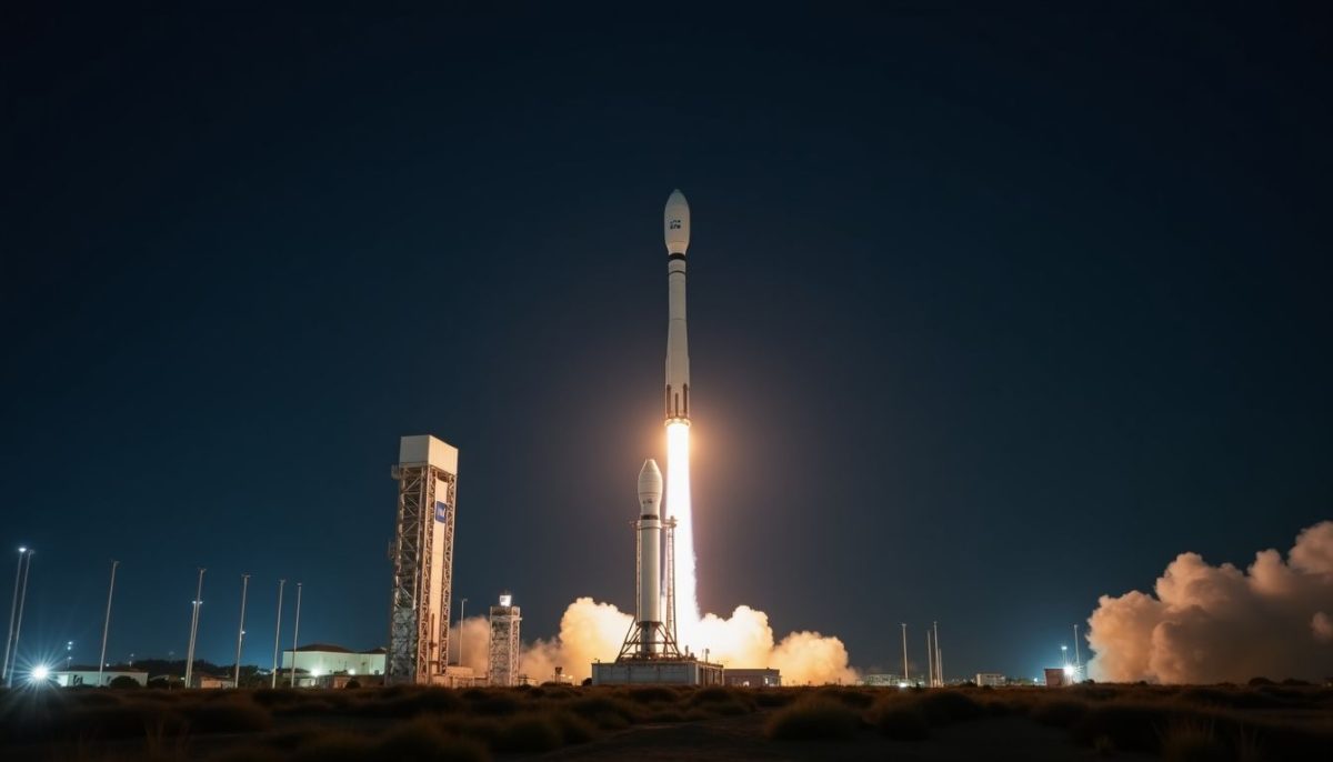 A SpaceX rocket stands on a lit launch pad at night.