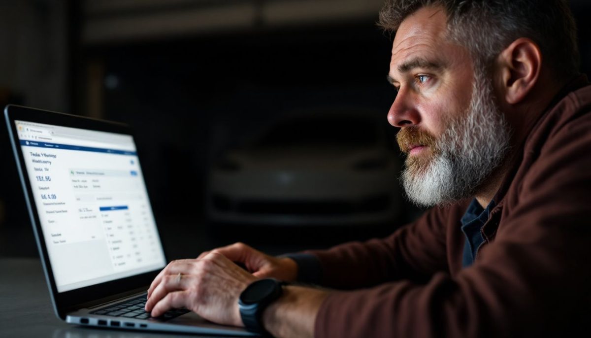 A man in his mid-30s reviewing a used Tesla vehicle history report.