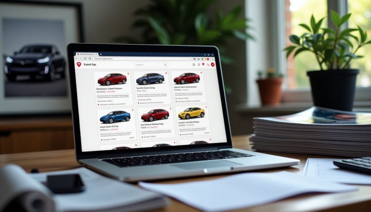 A cluttered desk with a laptop and car magazines for car financing.