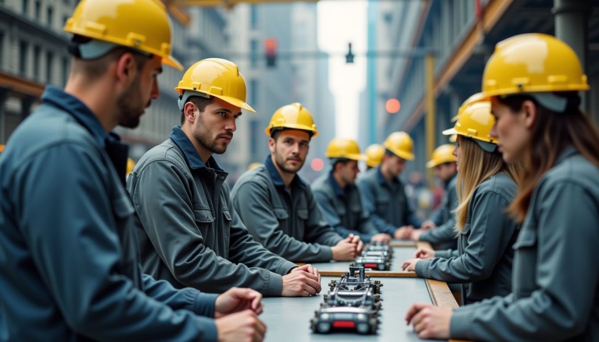 A Tesla factory under construction with workers on assembly line.