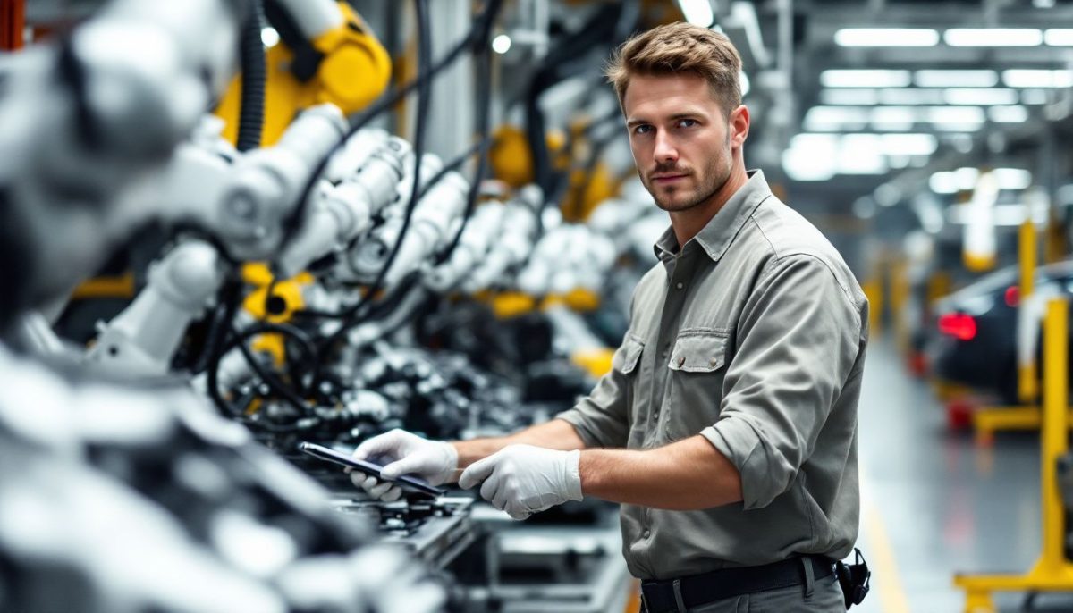 A factory worker at a Tesla plant checks electric car components.