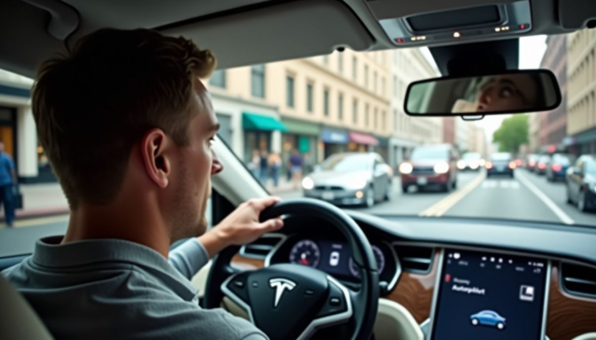 A man using Autopilot feature in a Tesla Model S.