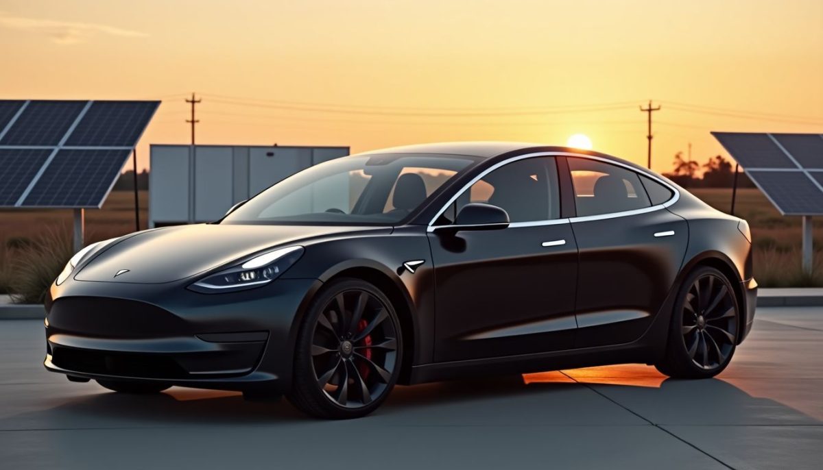 A Tesla electric sports car parked in a sunset-lit environment.