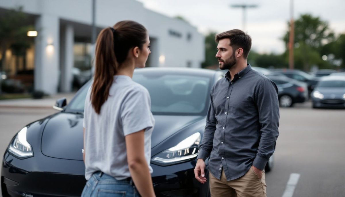 A couple in their 30s examining a used 2023 Tesla Model 3 at a car dealership in Farmers Branch, TX.