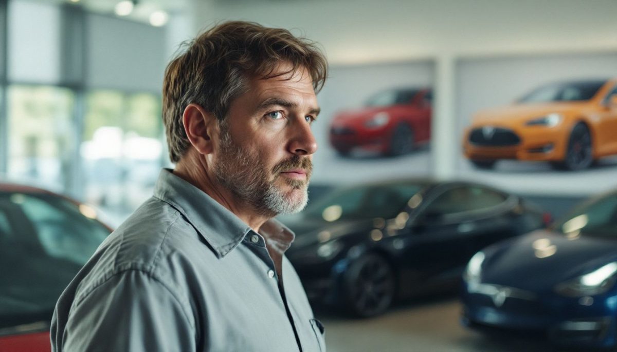 A man in his 30s is looking at a used Tesla Model S in a dealership showroom.