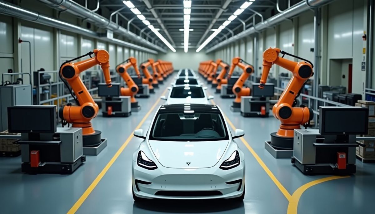 The photo shows Tesla's modern factory floor with advanced robotic assembly.