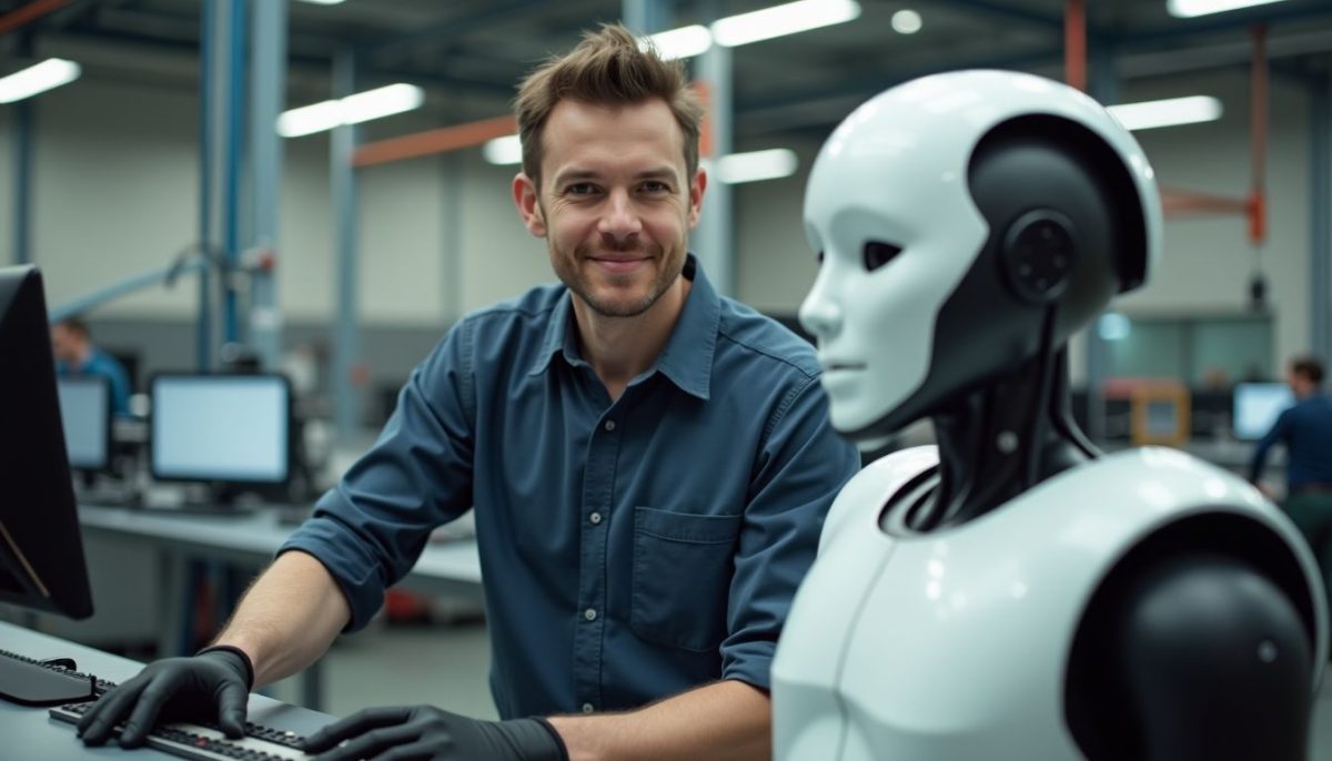 A man assembles humanoid robots in a busy Tesla factory.