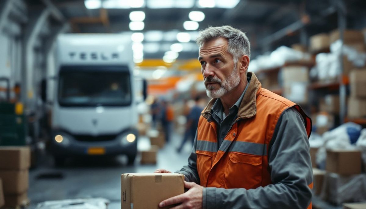 A man supervises loading raw materials onto a Tesla delivery truck.