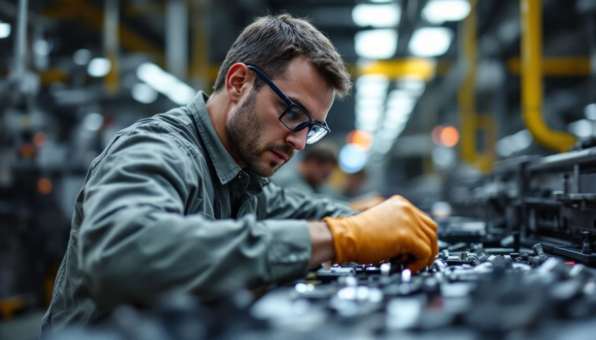 A Tesla factory worker assembles parts along the production line.