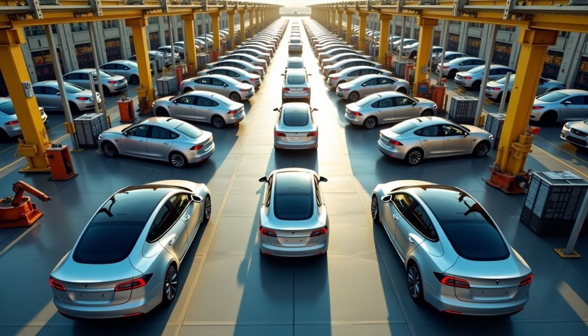 Aerial view of busy Tesla Gigafactory with vehicles and robots.