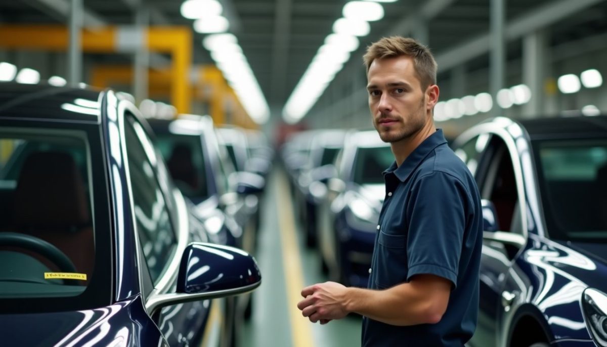 A factory worker inspects a line of Tesla Model 3 vehicles.