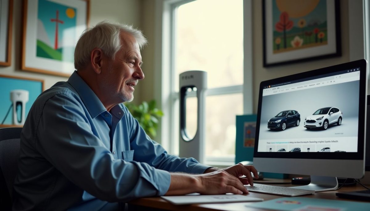 An elderly man excitedly compares electric car models in his home office.