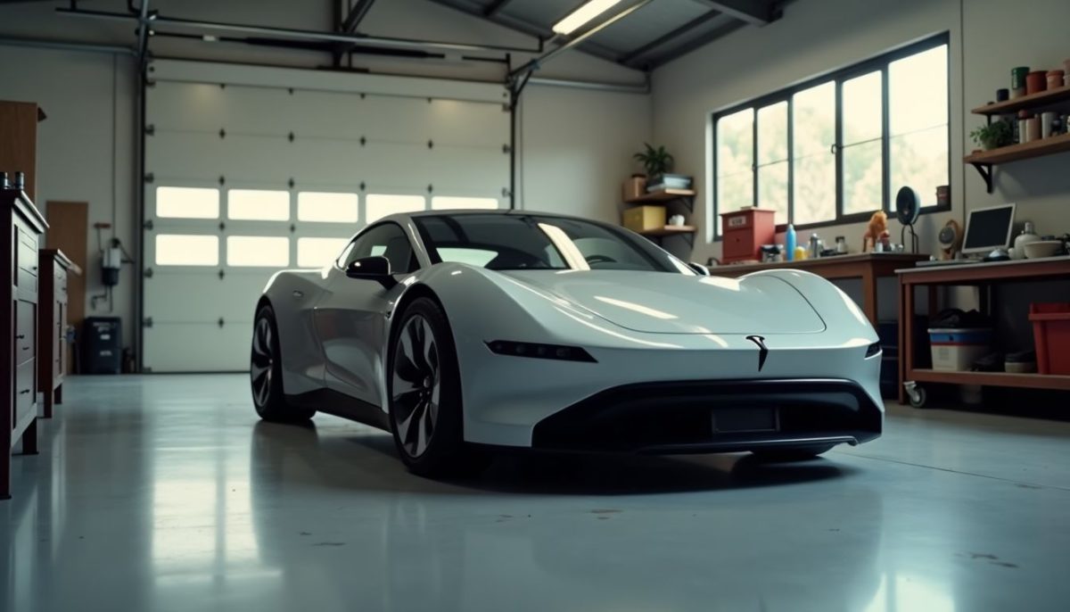 An early Tesla electric car prototype in a modern garage.