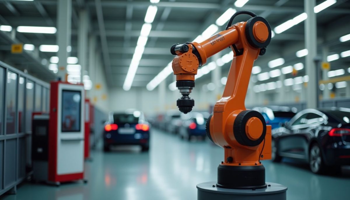 An automated robotic arm in a Tesla factory assembles car parts.