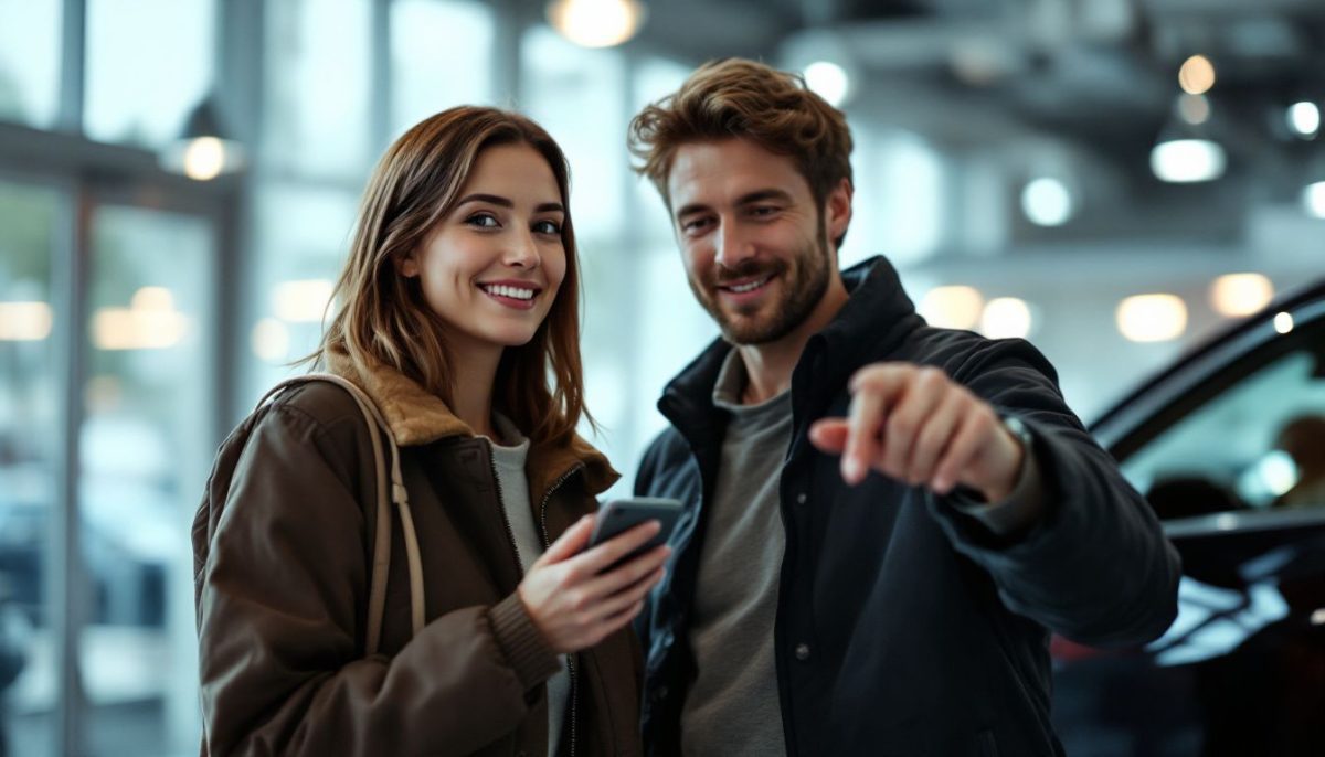 A couple in their 30s browse Tesla cars in a showroom.