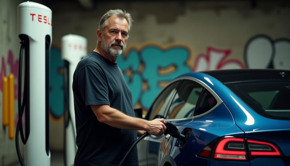 A man in his 40s using a J1772 adapter at a Tesla charging station.