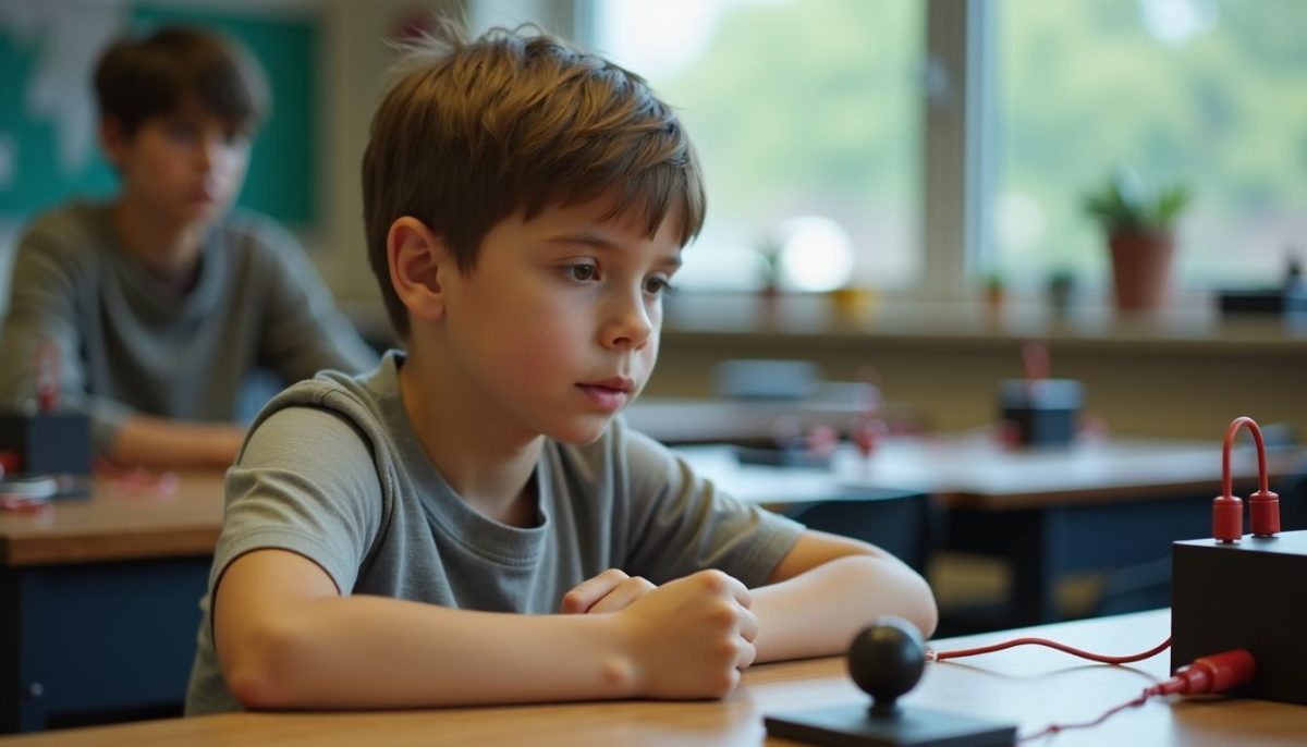 A young boy observes a magnetic flux density demonstration in science class.