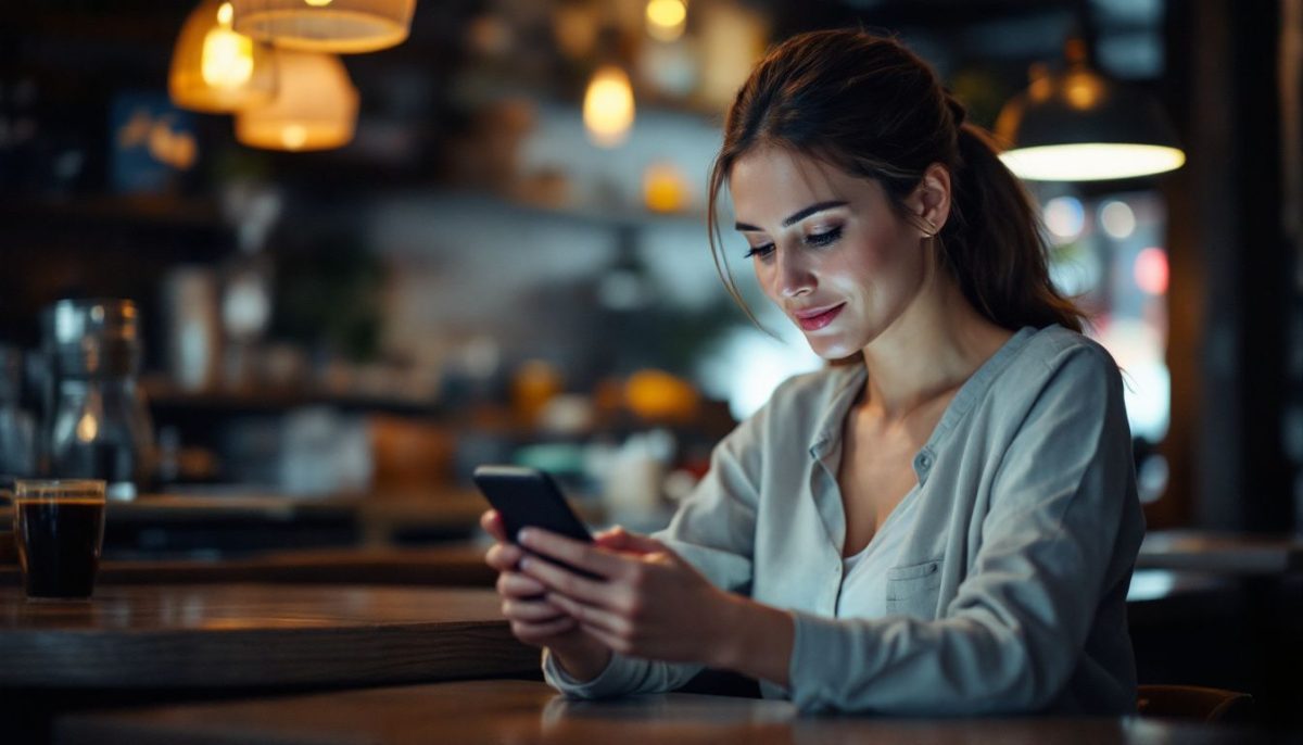 A woman in a coffee shop browsing used Teslas on her phone.