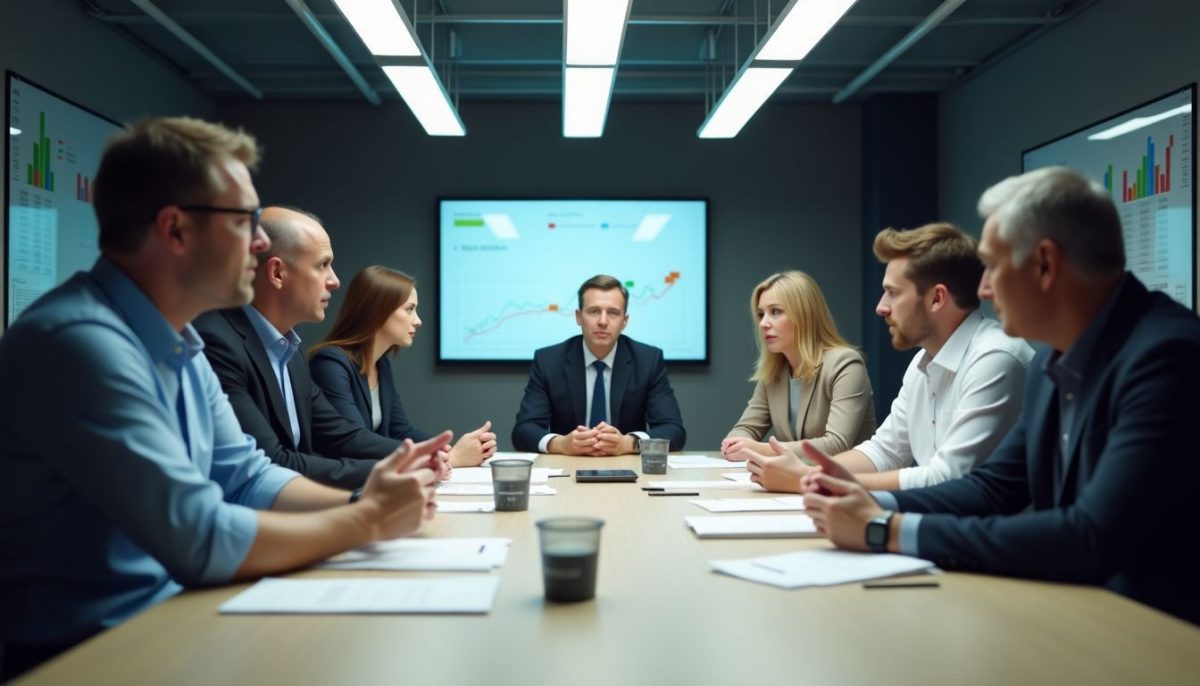 A group of shareholders discussing Tesla's 2024 plans in a boardroom.