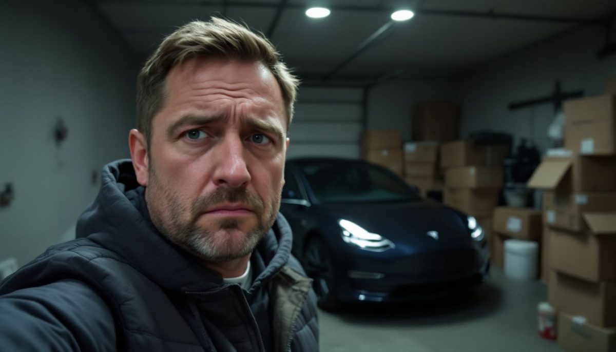 A frustrated Tesla customer stands next to a late Model Y delivery in a cluttered garage.