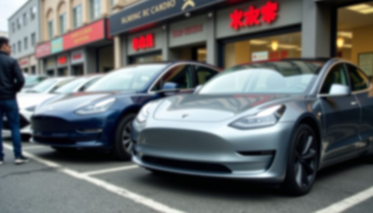 A Tesla Model 3 and Nio ES6 parked in a Chinese electric vehicle marketplace.