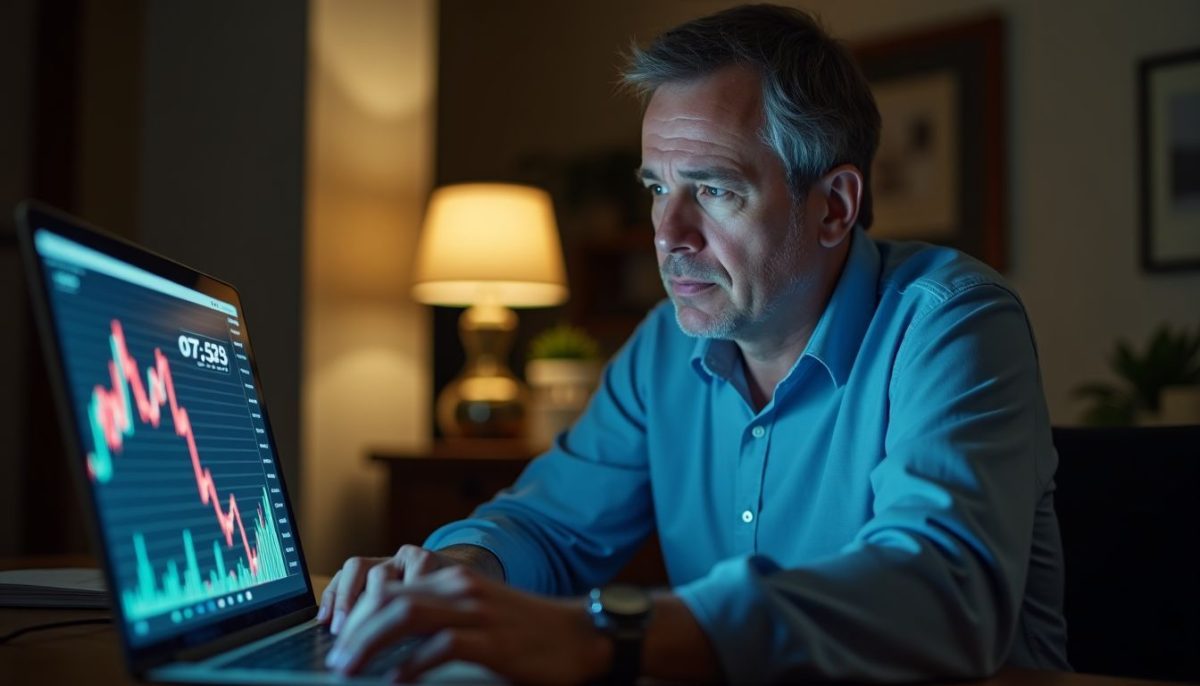 A concerned middle-aged man looks at declining stock portfolio on laptop.