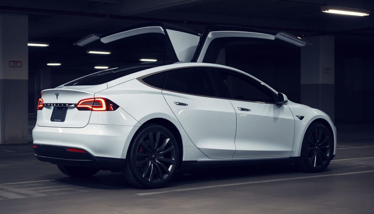 A Tesla Model with Falcon Wing Doors parked in a dimly lit garage.