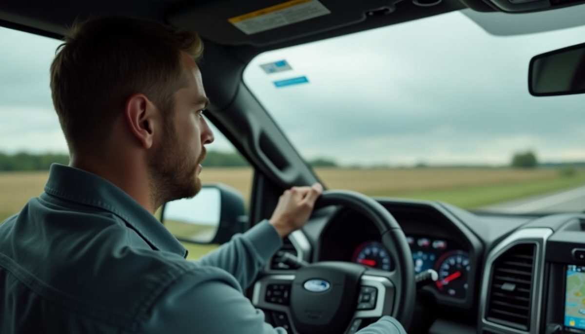 A man in his 30s driving a Ford F-150 Lightning electric truck.