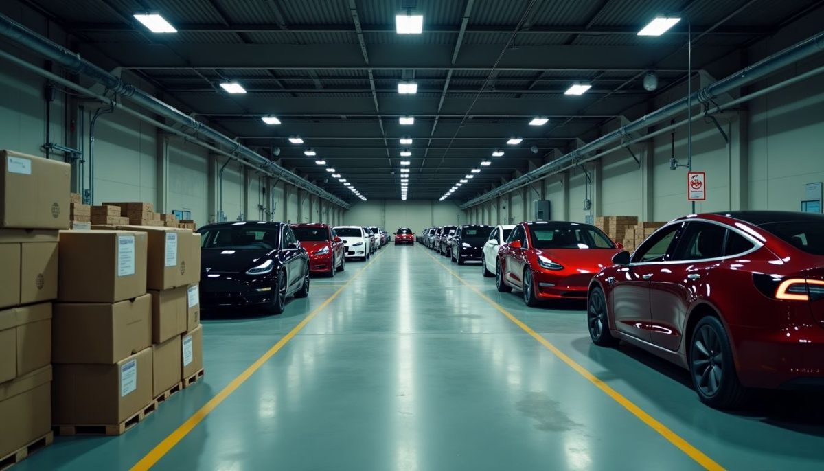 Abandoned Tesla factory floor with unfinished vehicles and supply chain issues.