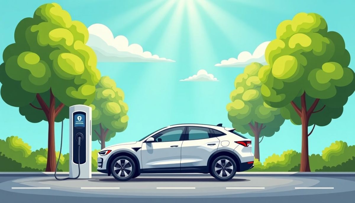 A modern electric car charging station in a natural setting.