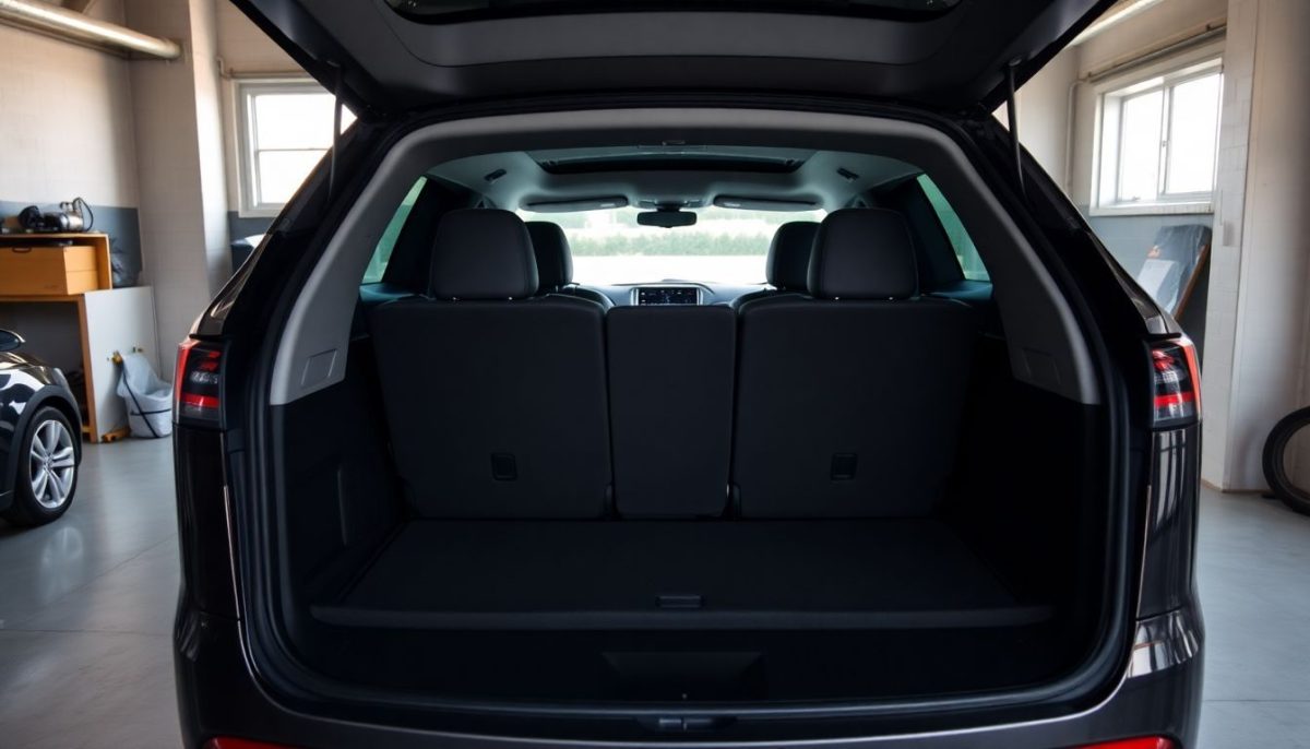 A Tesla Model with third-row seating parked in a spacious garage.