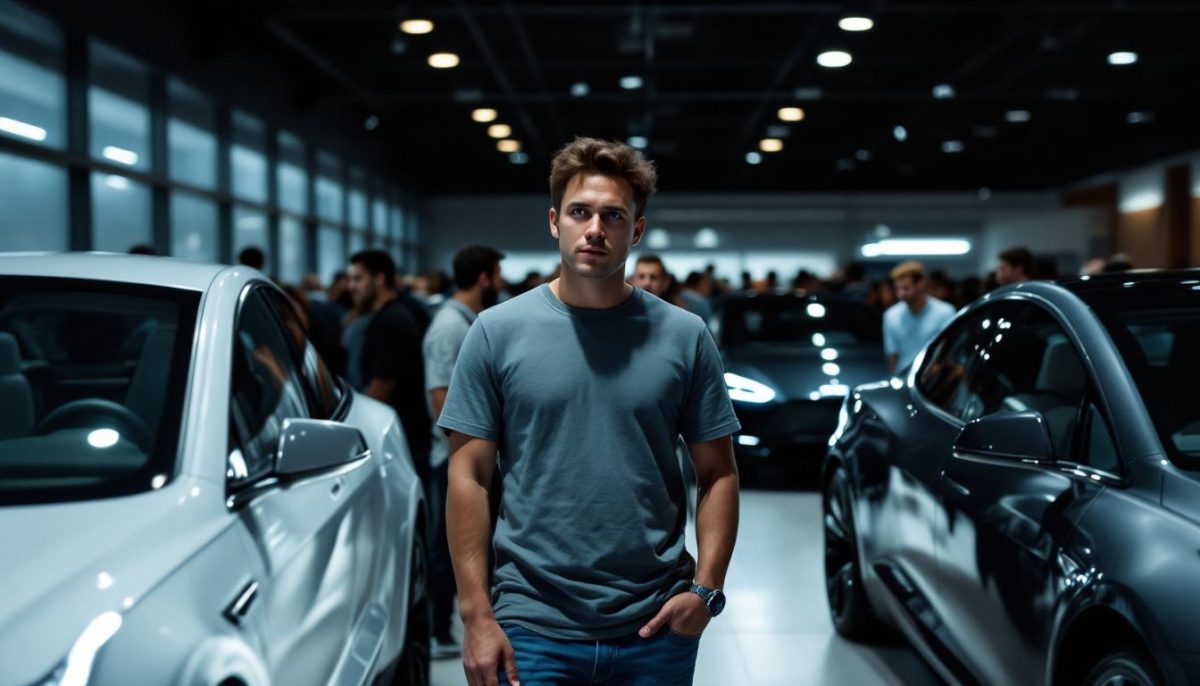 The crowded Tesla dealership showroom in 2024 with customers exploring cars.